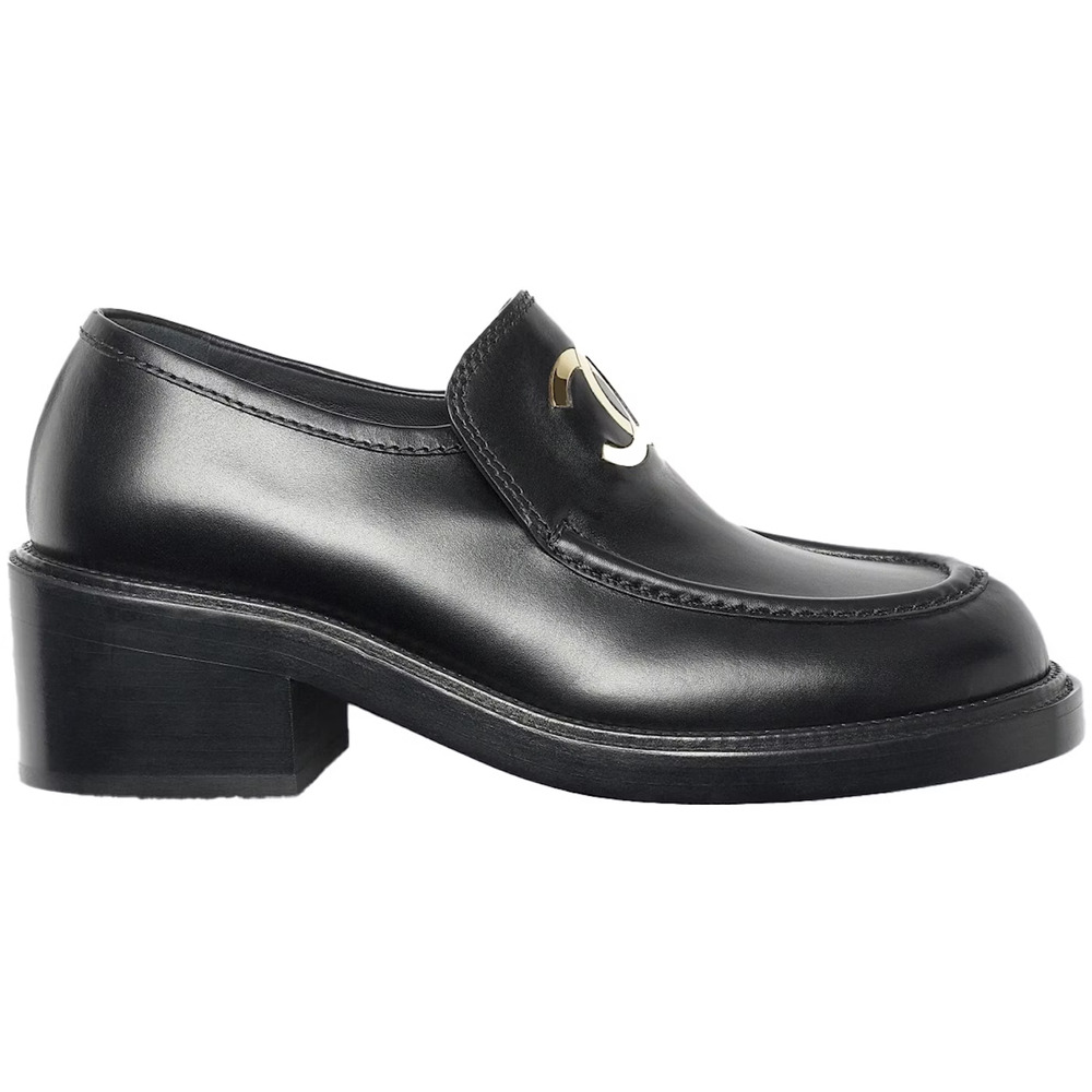 Chanel 55mm Black Calfskin Leather CC Gold Logo Block Heel Platform Loafer 39 - Picture 3 of 16